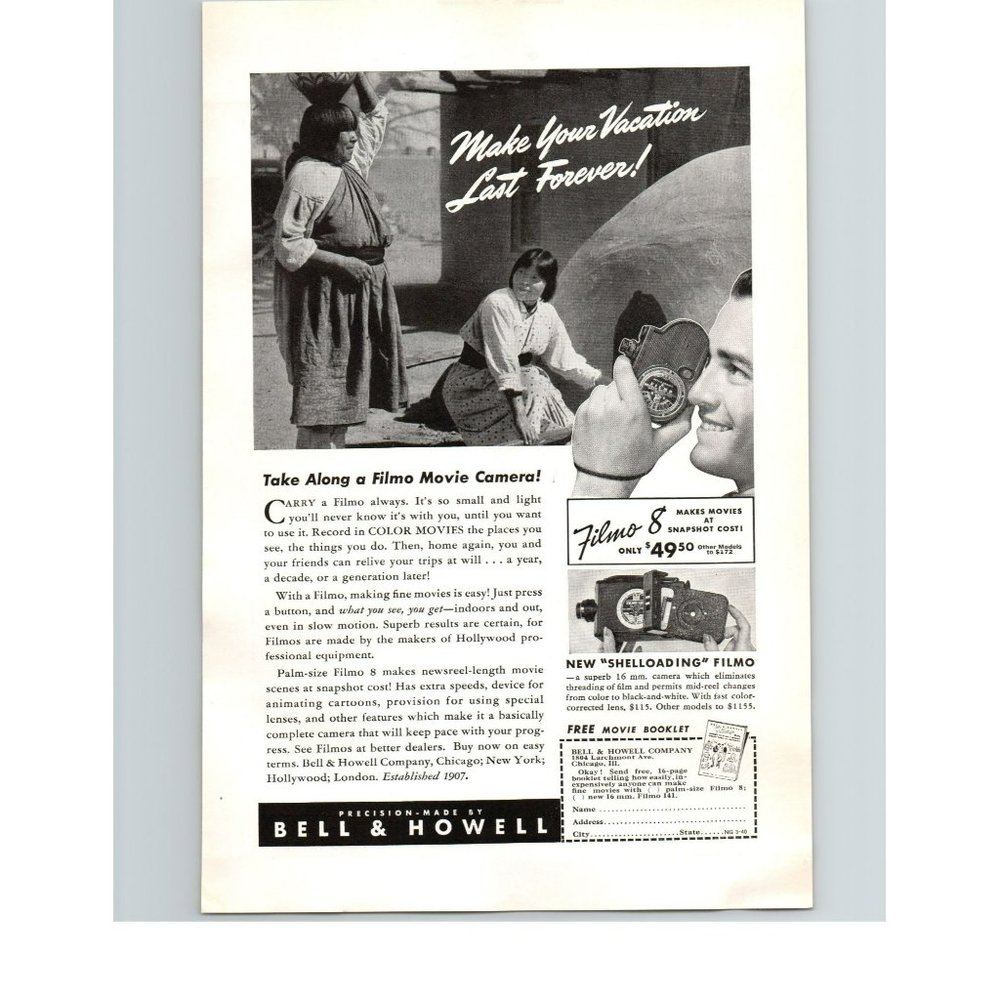 1940 Bell & Howell Filmo 8 Color Movie Camera Vintage Print Ad Vacation Forever